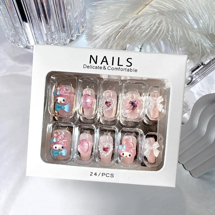 24pcs Handmade Glossy Coffin Press On Nails - Pink French Style False Nails with 3D Bow Rhinestone and Flower Design by Lady Glams