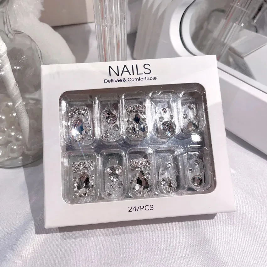 24pcs Handmade Glossy Coffin Press On Nails - Pink French Style False Nails with 3D Bow Rhinestone and Flower Design by Lady Glams