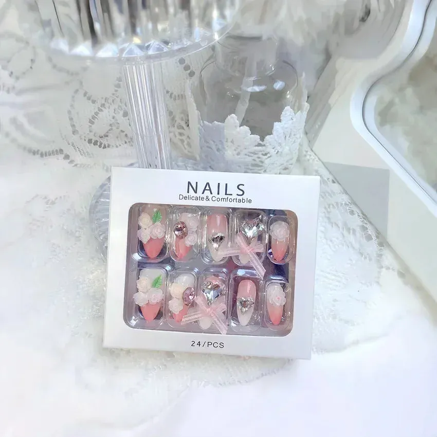 24pcs Handmade Glossy Coffin Press On Nails - Pink French Style False Nails with 3D Bow Rhinestone and Flower Design by Lady Glams