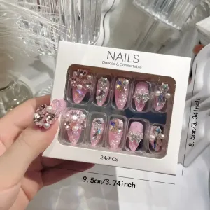 24pcs Handmade Glossy Coffin Press On Nails - Pink French Style False Nails with 3D Bow Rhinestone and Flower Design by Lady Glams