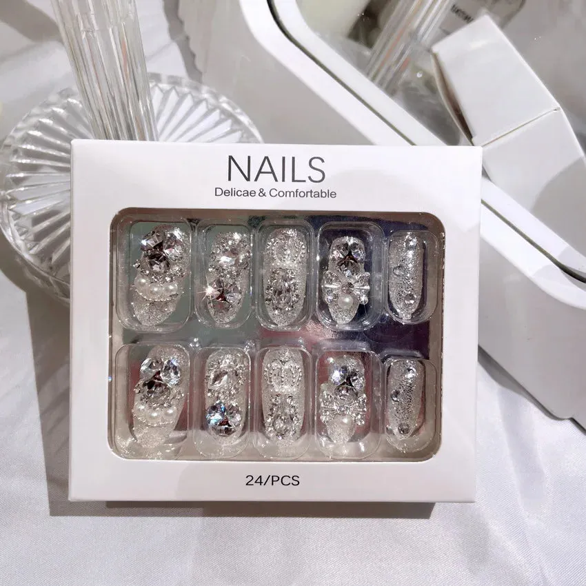 24pcs Handmade Glossy Coffin Press On Nails - Pink French Style False Nails with 3D Bow Rhinestone and Flower Design by Lady Glams