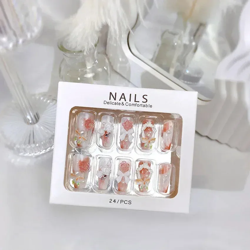 24pcs Handmade Glossy Coffin Press On Nails - Pink French Style False Nails with 3D Bow Rhinestone and Flower Design by Lady Glams
