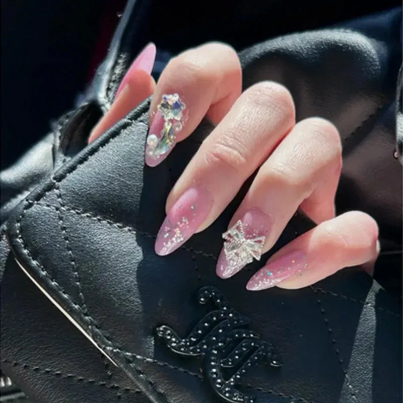 24pcs Handmade Glossy Coffin Press On Nails - Pink French Style False Nails with 3D Bow Rhinestone and Flower Design by Lady Glams