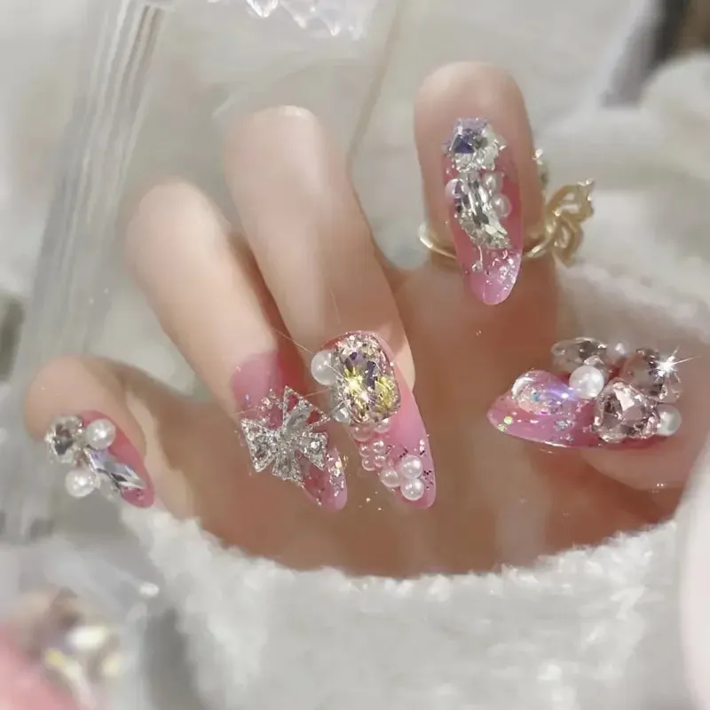 24pcs Handmade Glossy Coffin Press On Nails - Pink French Style False Nails with 3D Bow Rhinestone and Flower Design by Lady Glams