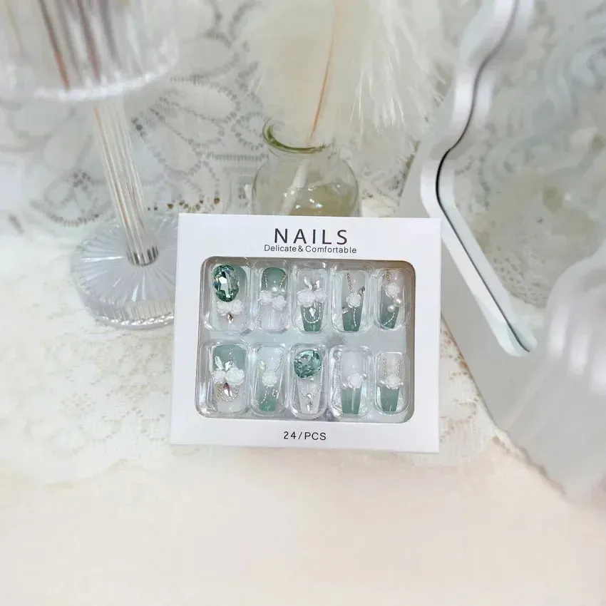 24pcs Handmade Glossy Coffin Press On Nails - Pink French Style False Nails with 3D Bow Rhinestone and Flower Design by Lady Glams