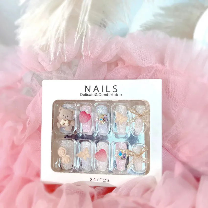 24pcs Handmade Glossy Coffin Press On Nails - Pink French Style False Nails with 3D Bow Rhinestone and Flower Design by Lady Glams