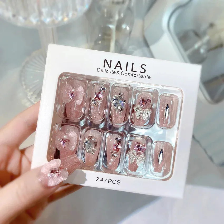 24pcs Handmade Glossy Coffin Press On Nails - Pink French Style False Nails with 3D Bow Rhinestone and Flower Design by Lady Glams