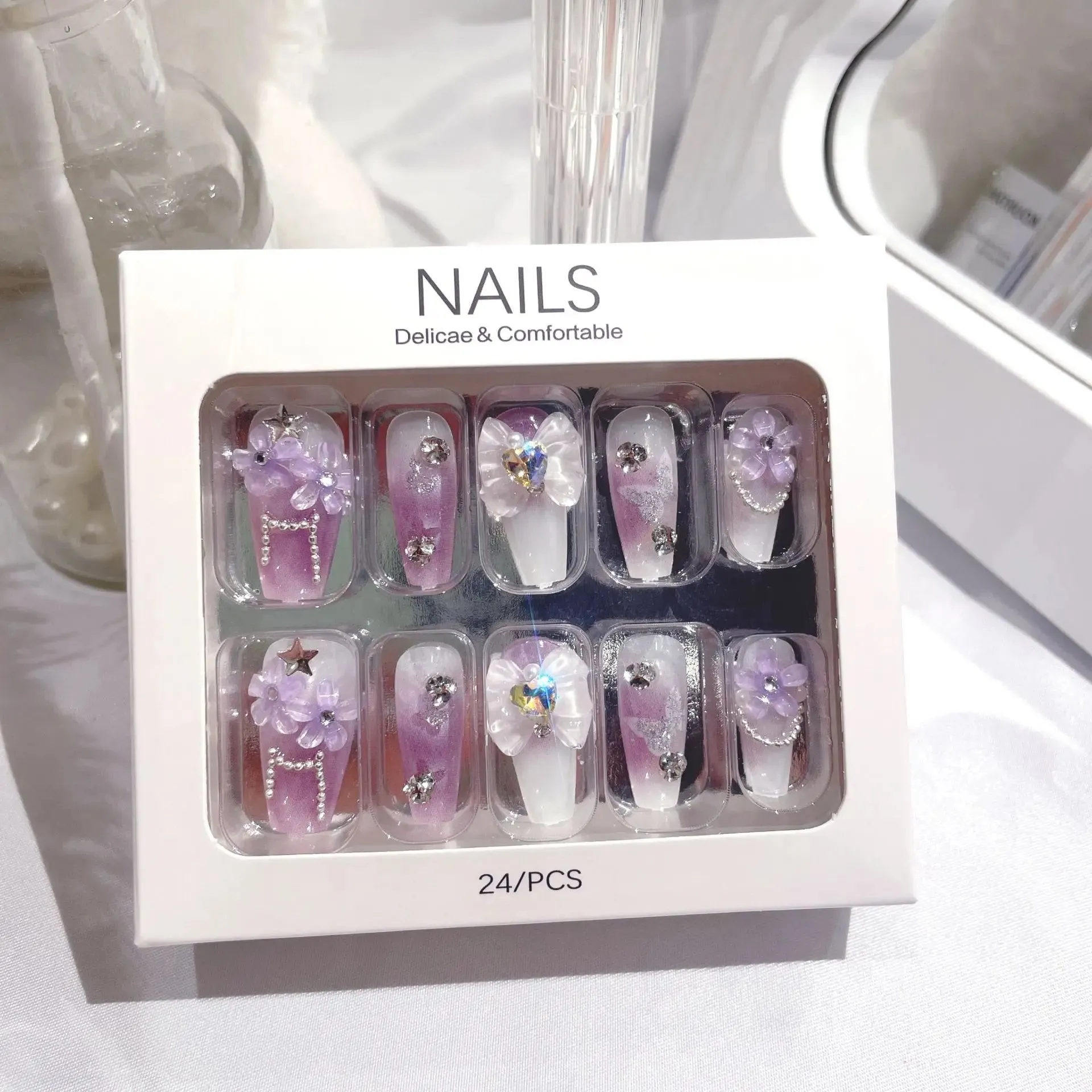 24pcs Handmade Glossy Coffin Press On Nails - Pink French Style False Nails with 3D Bow Rhinestone and Flower Design by Lady Glams