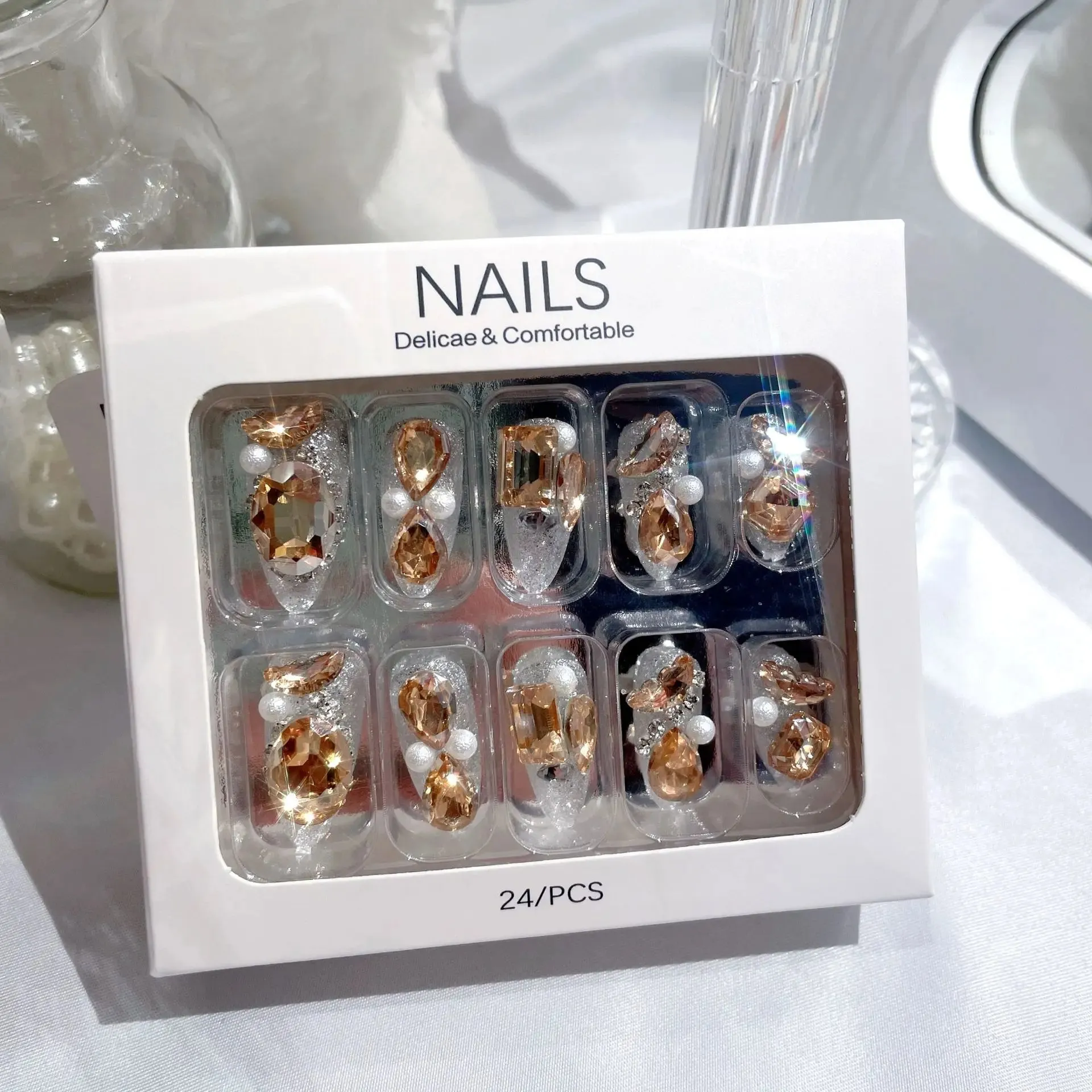 24pcs Handmade Glossy Coffin Press On Nails - Pink French Style False Nails with 3D Bow Rhinestone and Flower Design by Lady Glams