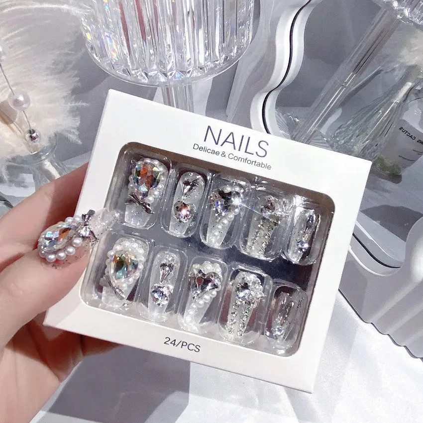 24pcs Handmade Glossy Coffin Press On Nails - Pink French Style False Nails with 3D Bow Rhinestone and Flower Design by Lady Glams