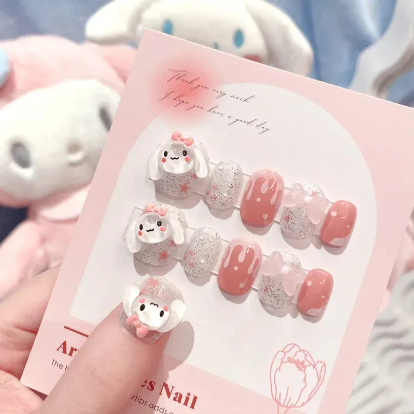 24pcs Handmade Glossy Coffin Press On Nails - Pink French Style False Nails with 3D Bow Rhinestone and Flower Design by Lady Glams