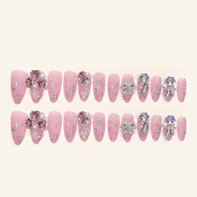 24pcs Handmade Glossy Coffin Press On Nails - Pink French Style False Nails with 3D Bow Rhinestone and Flower Design by Lady Glams
