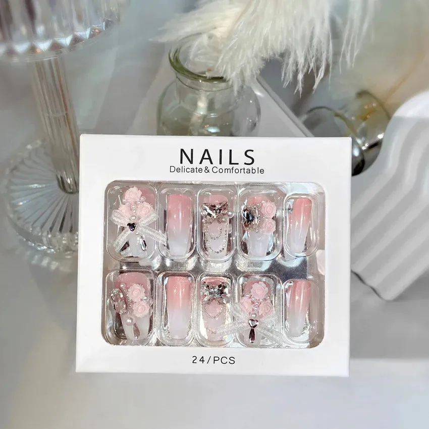24pcs Handmade Glossy Coffin Press On Nails - Pink French Style False Nails with 3D Bow Rhinestone and Flower Design by Lady Glams