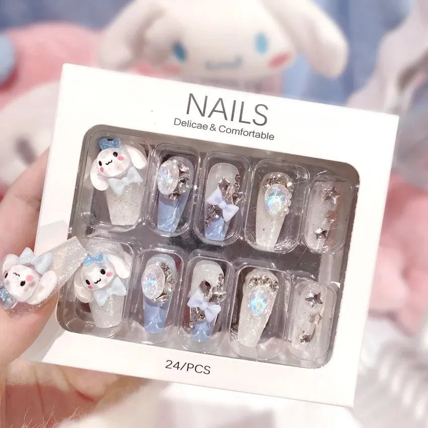 24pcs Handmade Glossy Coffin Press On Nails - Pink French Style False Nails with 3D Bow Rhinestone and Flower Design by Lady Glams