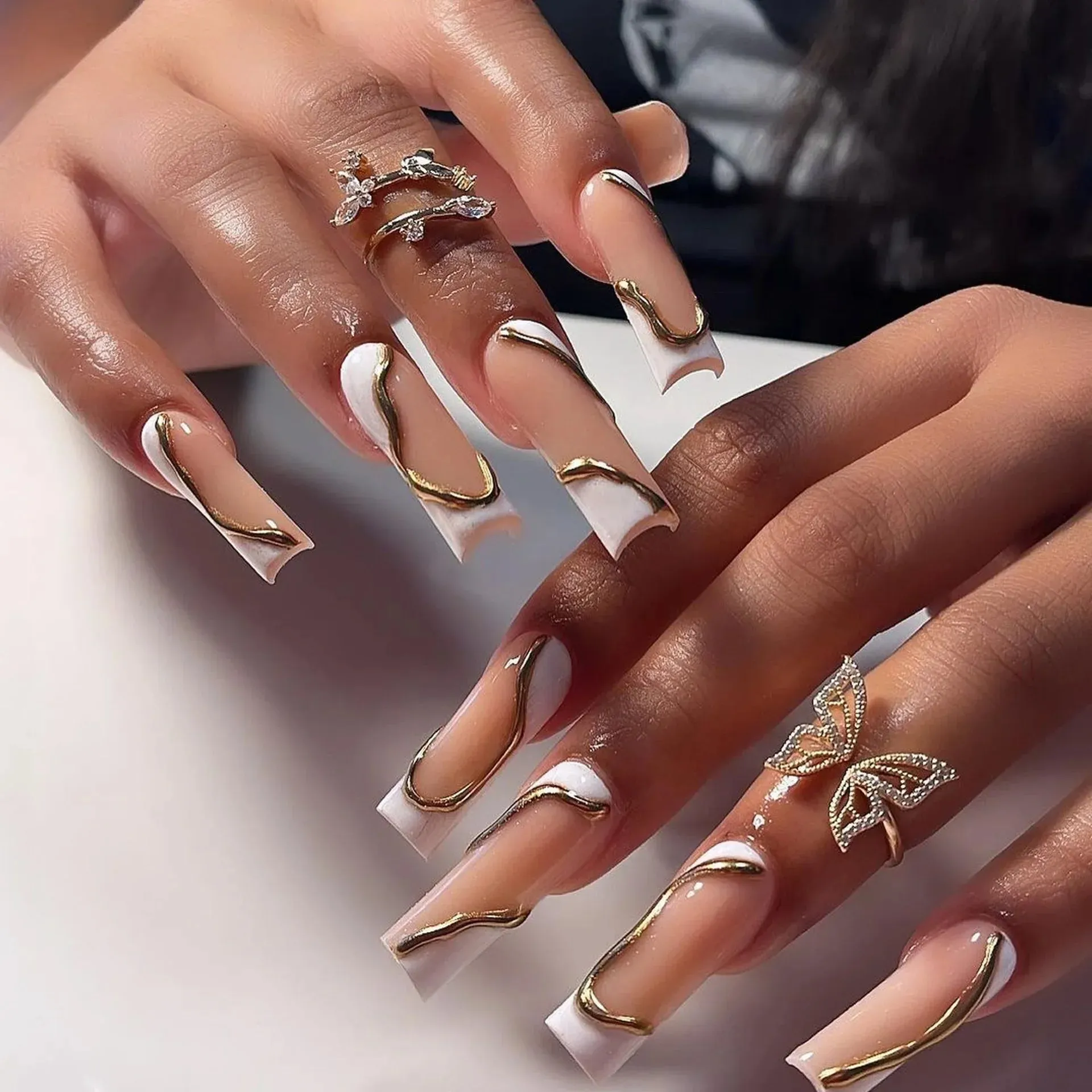 24Pcs Long Coffin False Nails with Glue | Wearable Brown Fake Nails with Rhinestones | Ballet Press on Nails Full Cover Nail Tips | Lady Glams