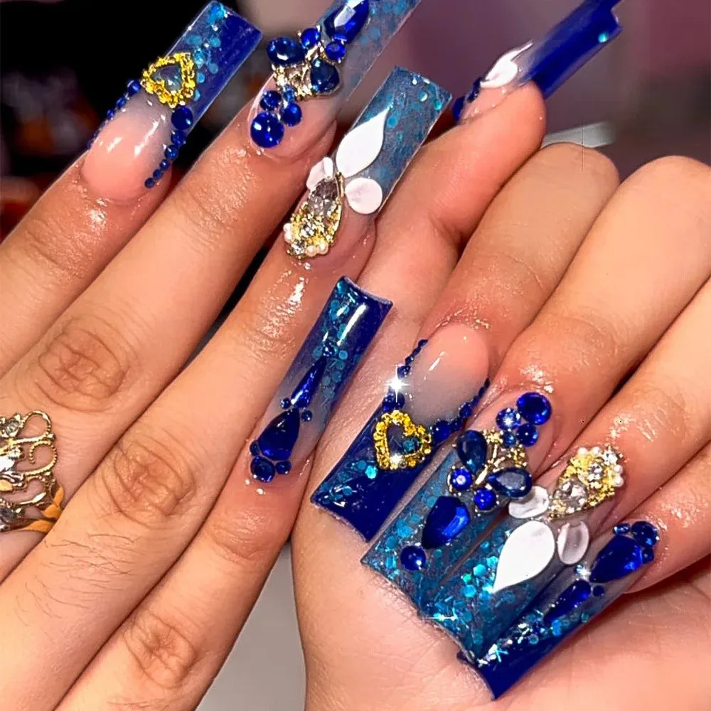 24Pcs Long Coffin False Nails with Glue | Wearable Brown Fake Nails with Rhinestones | Ballet Press on Nails Full Cover Nail Tips | Lady Glams