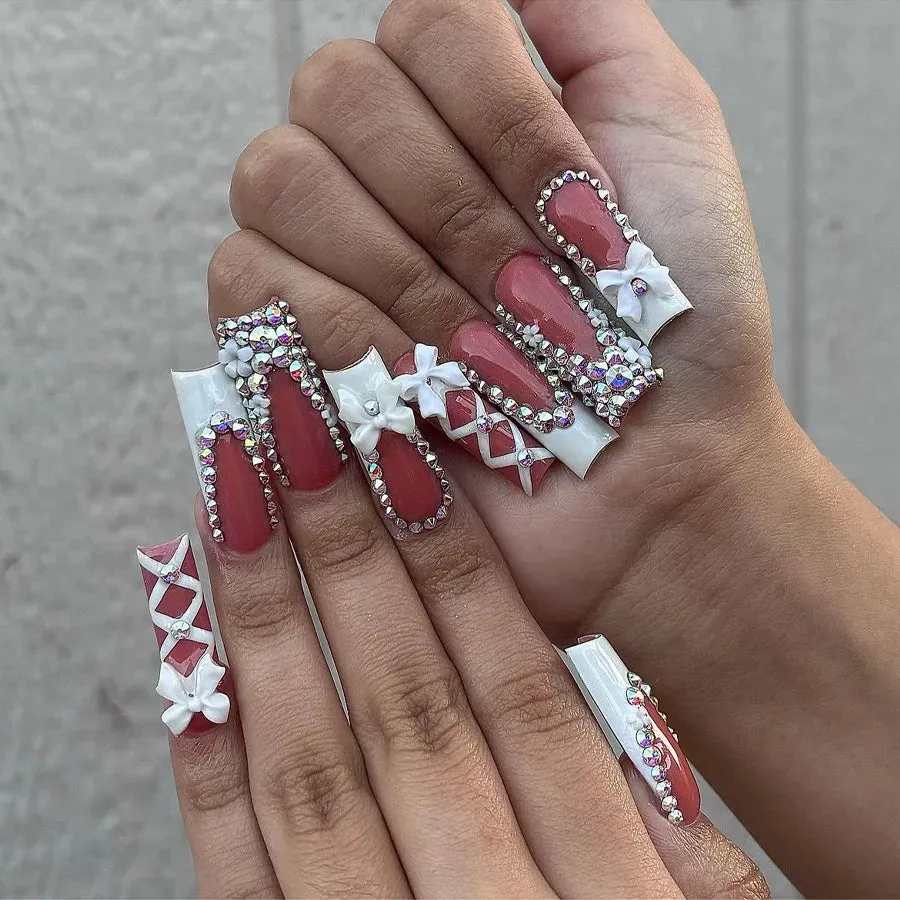 24Pcs Long Coffin False Nails with Glue | Wearable Brown Fake Nails with Rhinestones | Ballet Press on Nails Full Cover Nail Tips | Lady Glams