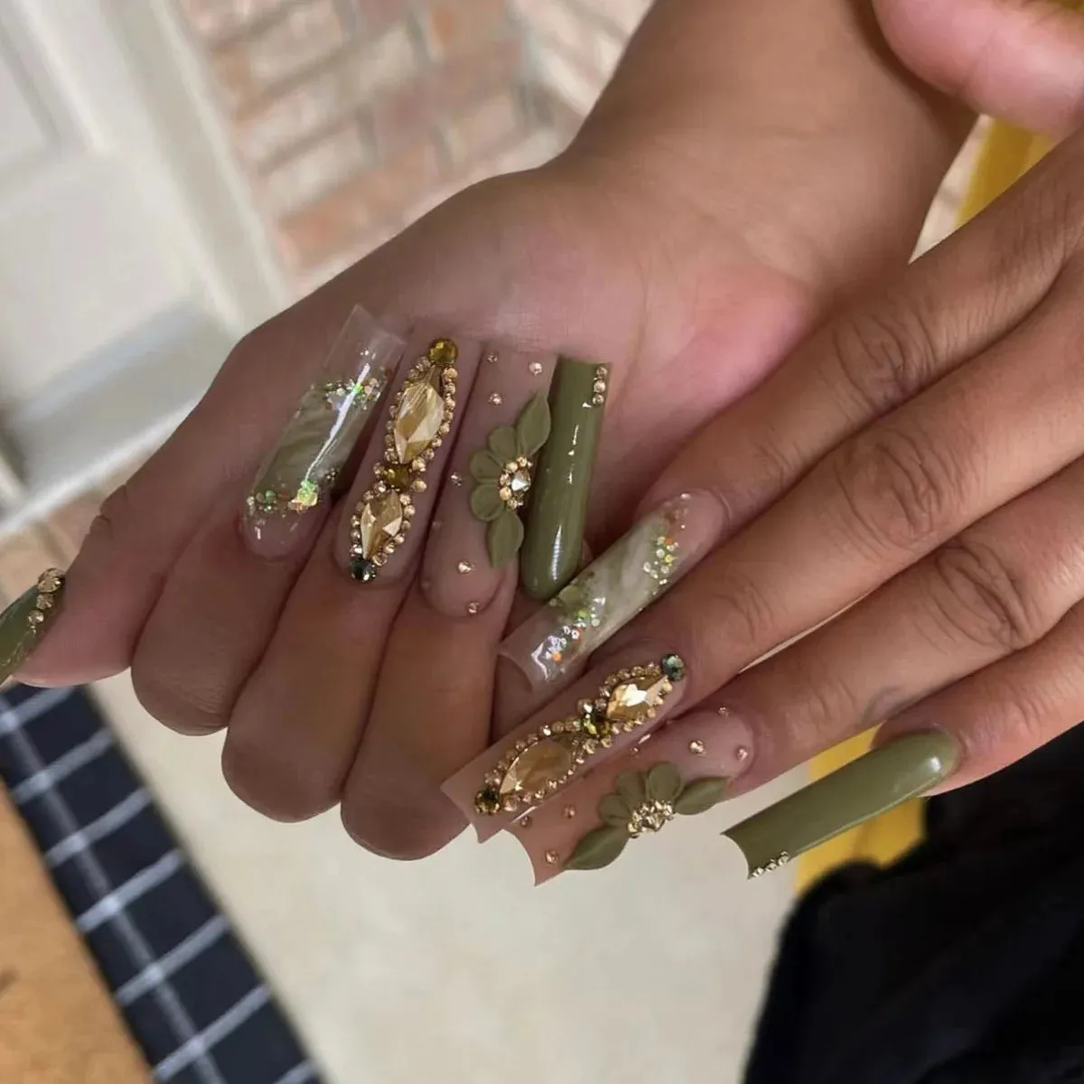 24Pcs Long Coffin False Nails with Glue | Wearable Brown Fake Nails with Rhinestones | Ballet Press on Nails Full Cover Nail Tips | Lady Glams