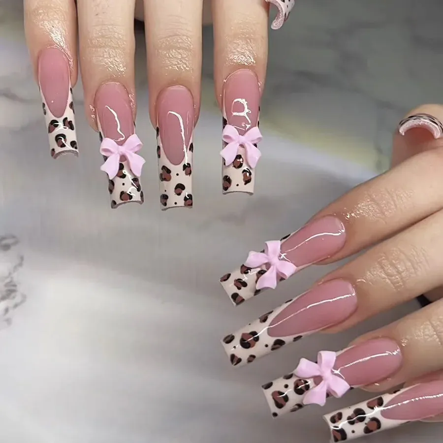 24Pcs Long Coffin False Nails with Glue | Wearable Brown Fake Nails with Rhinestones | Ballet Press on Nails Full Cover Nail Tips | Lady Glams