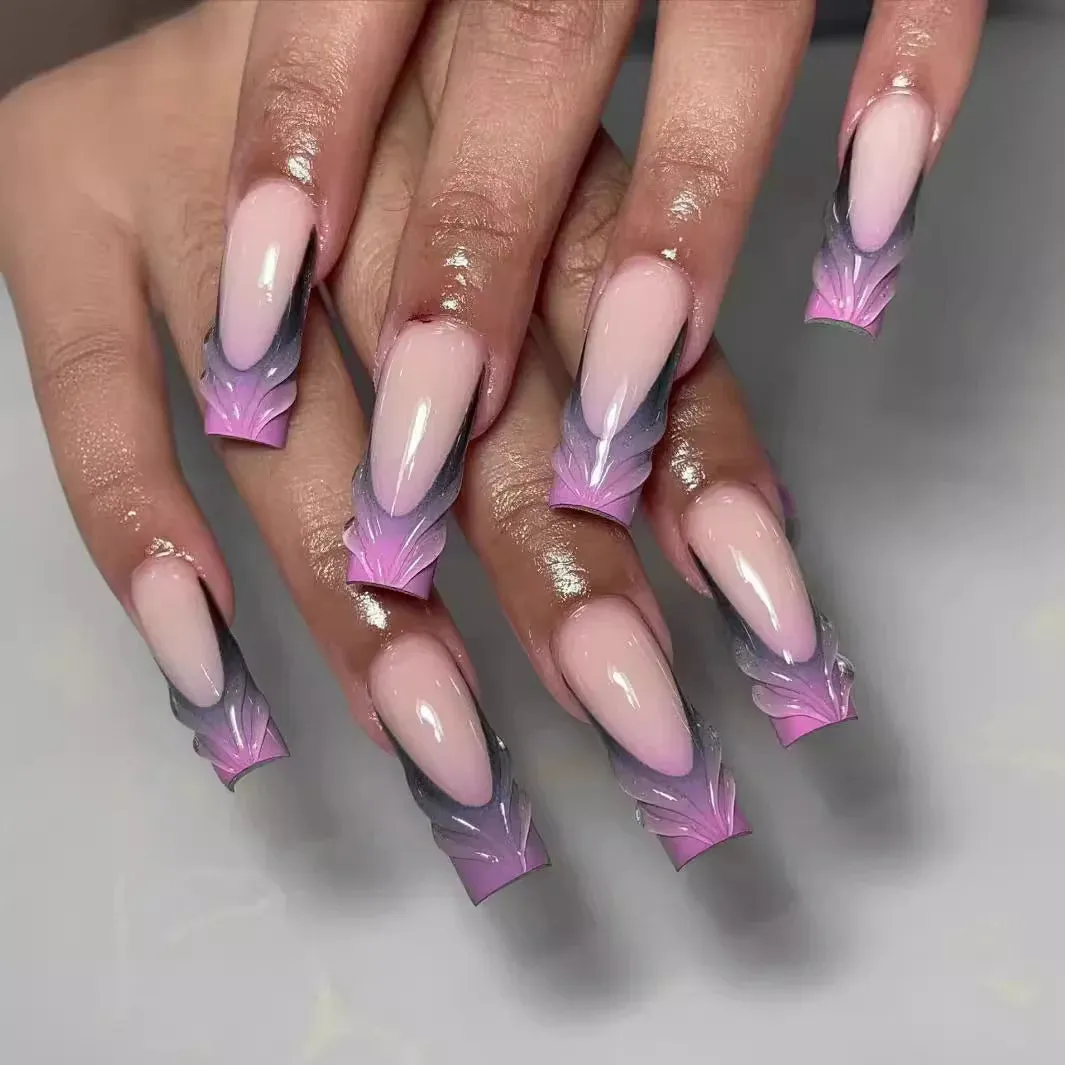 24Pcs Long Coffin False Nails with Glue | Wearable Brown Fake Nails with Rhinestones | Ballet Press on Nails Full Cover Nail Tips | Lady Glams