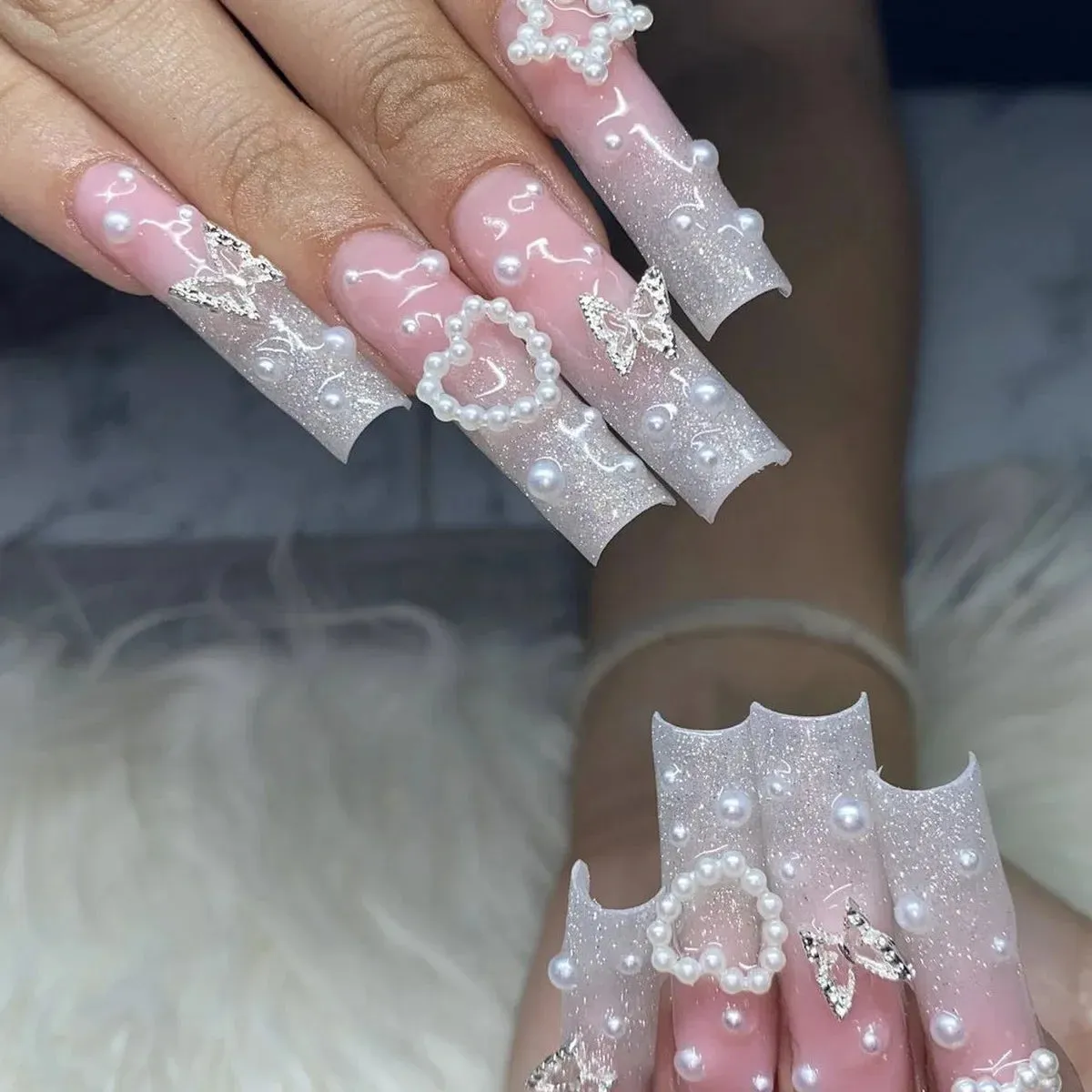 24Pcs Long Coffin False Nails with Glue | Wearable Brown Fake Nails with Rhinestones | Ballet Press on Nails Full Cover Nail Tips | Lady Glams