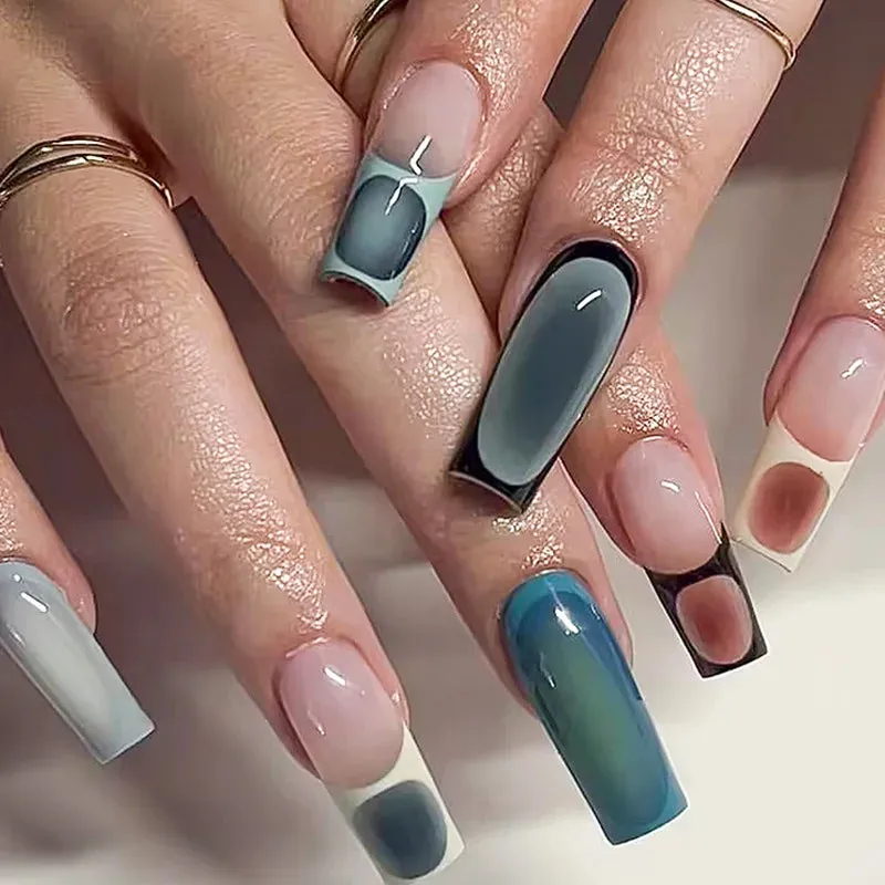 24Pcs Long Coffin False Nails with Glue | Wearable Brown Fake Nails with Rhinestones | Ballet Press on Nails Full Cover Nail Tips | Lady Glams