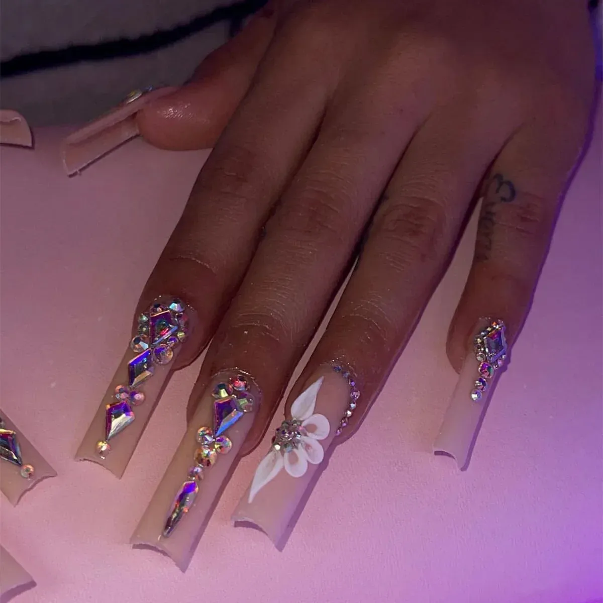 24Pcs Long Coffin False Nails with Glue | Wearable Brown Fake Nails with Rhinestones | Ballet Press on Nails Full Cover Nail Tips | Lady Glams