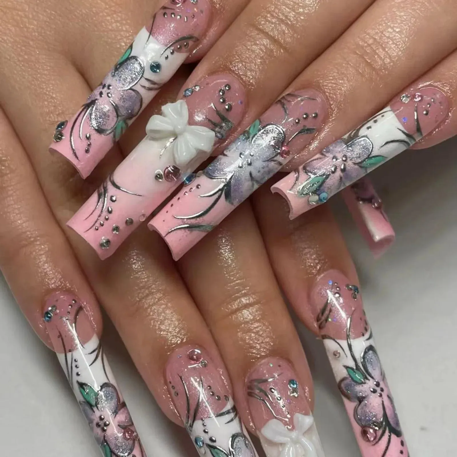 24Pcs Long Coffin False Nails with Glue | Wearable Brown Fake Nails with Rhinestones | Ballet Press on Nails Full Cover Nail Tips | Lady Glams