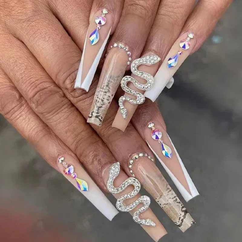24Pcs Long Coffin False Nails with Glue | Wearable Brown Fake Nails with Rhinestones | Ballet Press on Nails Full Cover Nail Tips | Lady Glams