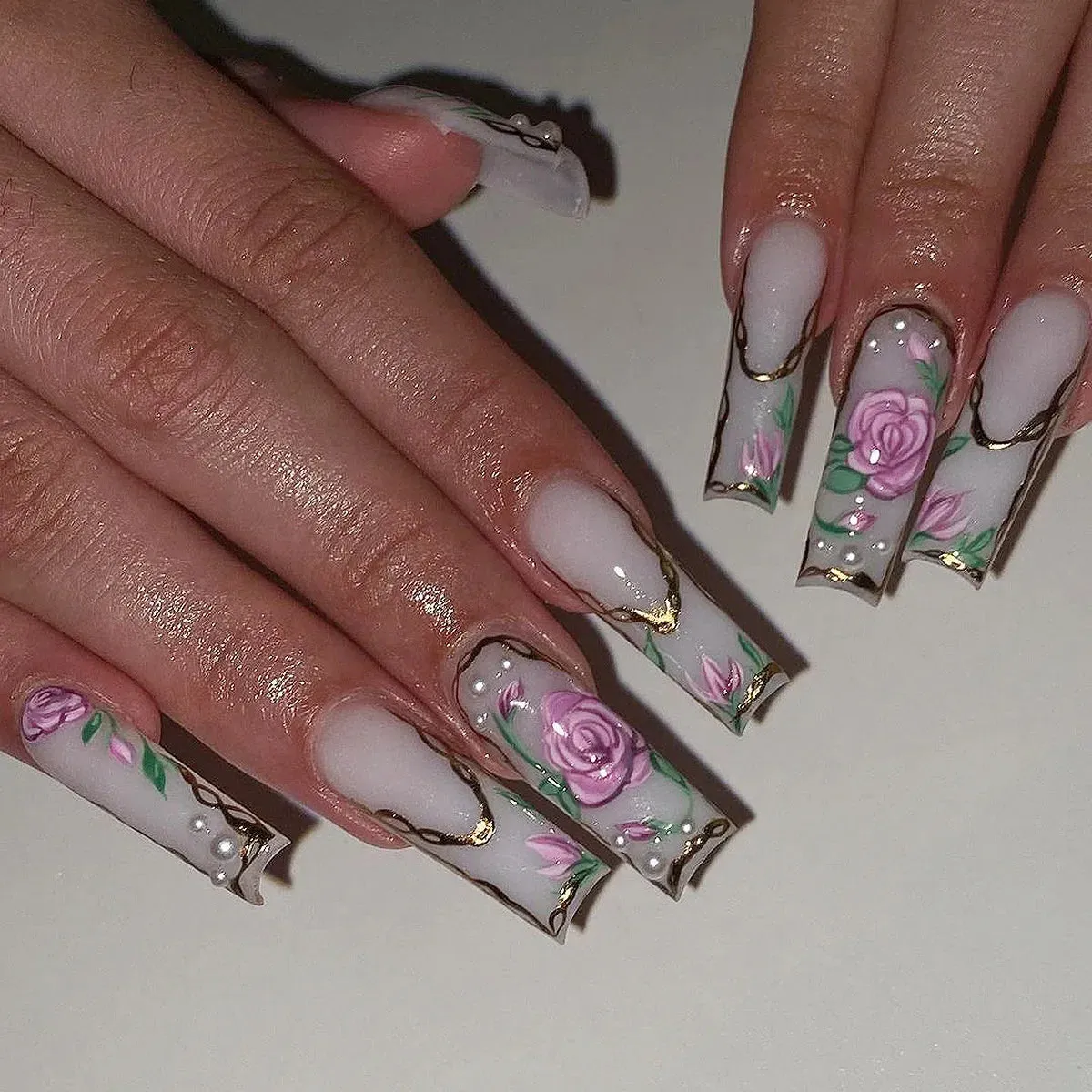 24Pcs Long Coffin False Nails with Glue | Wearable Brown Fake Nails with Rhinestones | Ballet Press on Nails Full Cover Nail Tips | Lady Glams