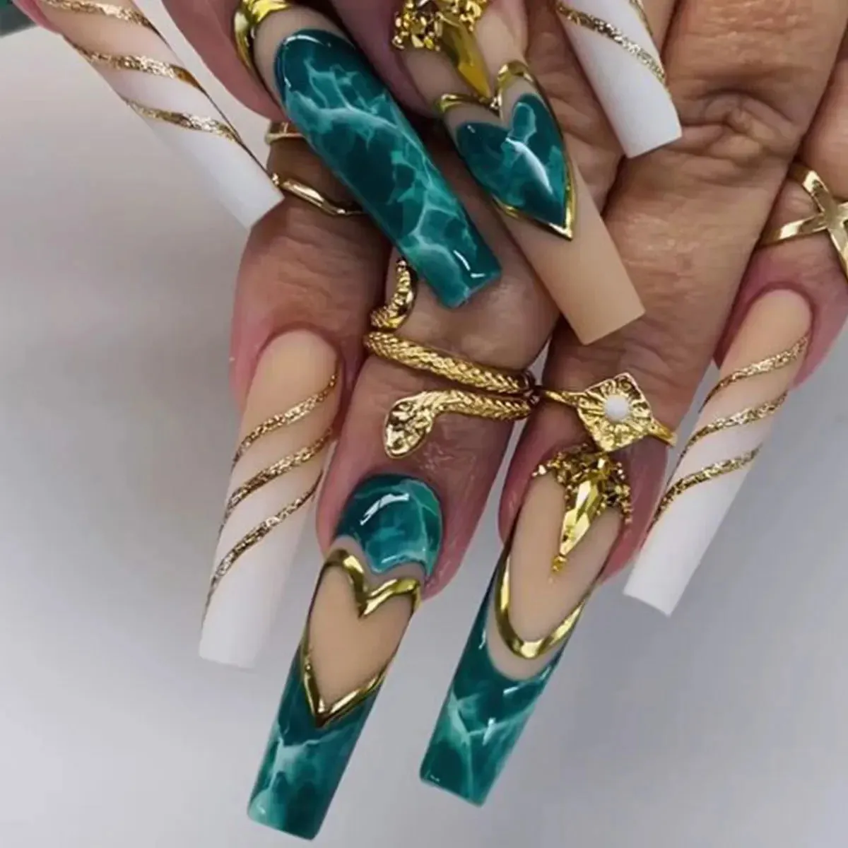 24Pcs Long Coffin False Nails with Glue | Wearable Brown Fake Nails with Rhinestones | Ballet Press on Nails Full Cover Nail Tips | Lady Glams