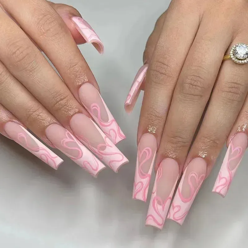 24Pcs Long Coffin False Nails with Glue | Wearable Brown Fake Nails with Rhinestones | Ballet Press on Nails Full Cover Nail Tips | Lady Glams