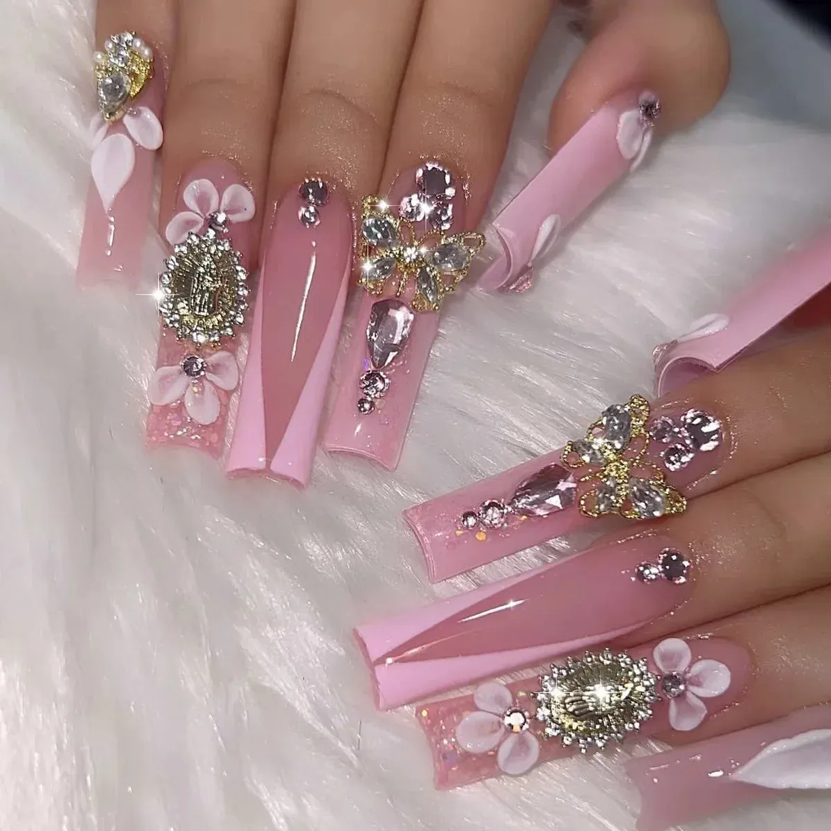 24Pcs Long Coffin False Nails with Glue | Wearable Brown Fake Nails with Rhinestones | Ballet Press on Nails Full Cover Nail Tips | Lady Glams