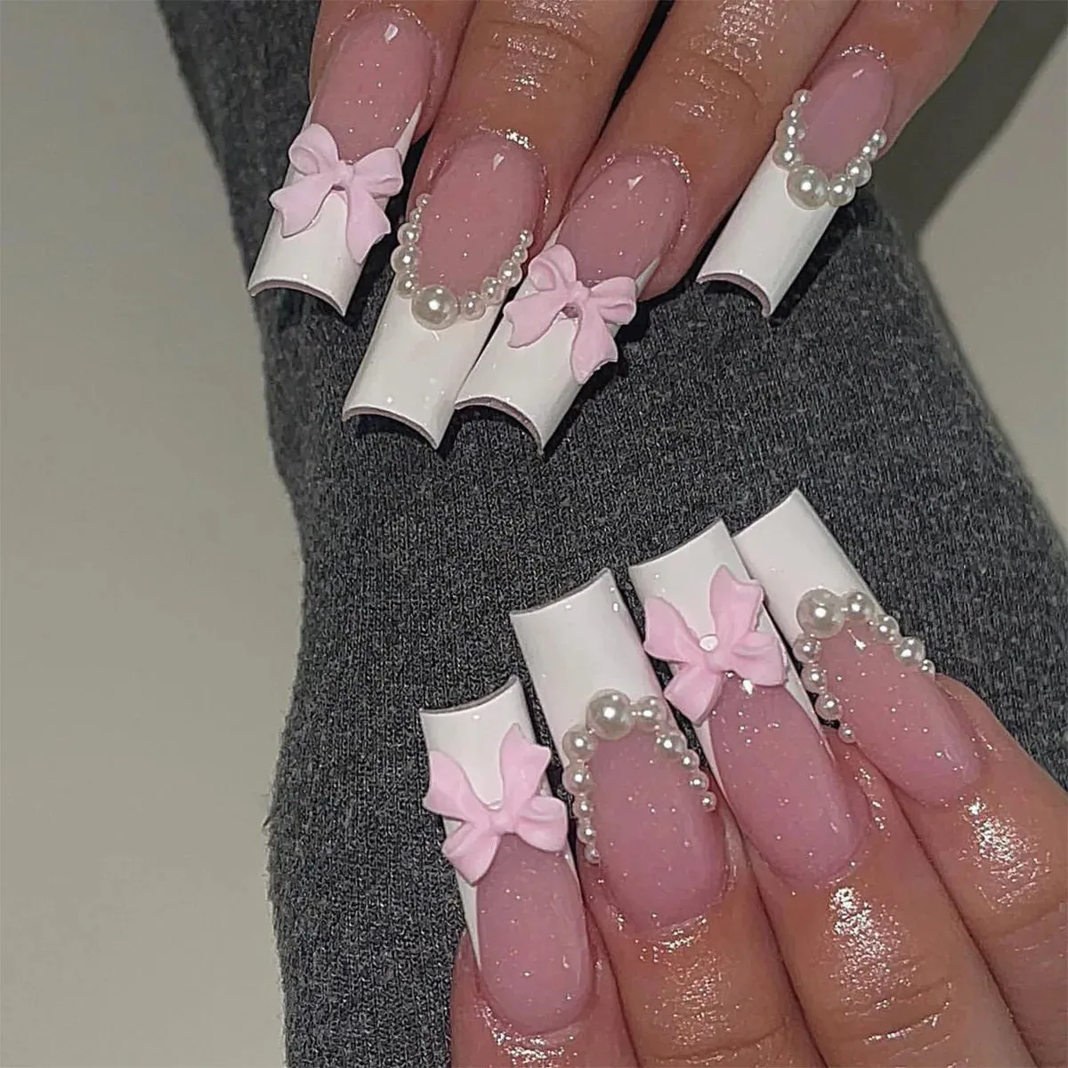 24Pcs Long Coffin False Nails with Glue | Wearable Brown Fake Nails with Rhinestones | Ballet Press on Nails Full Cover Nail Tips | Lady Glams