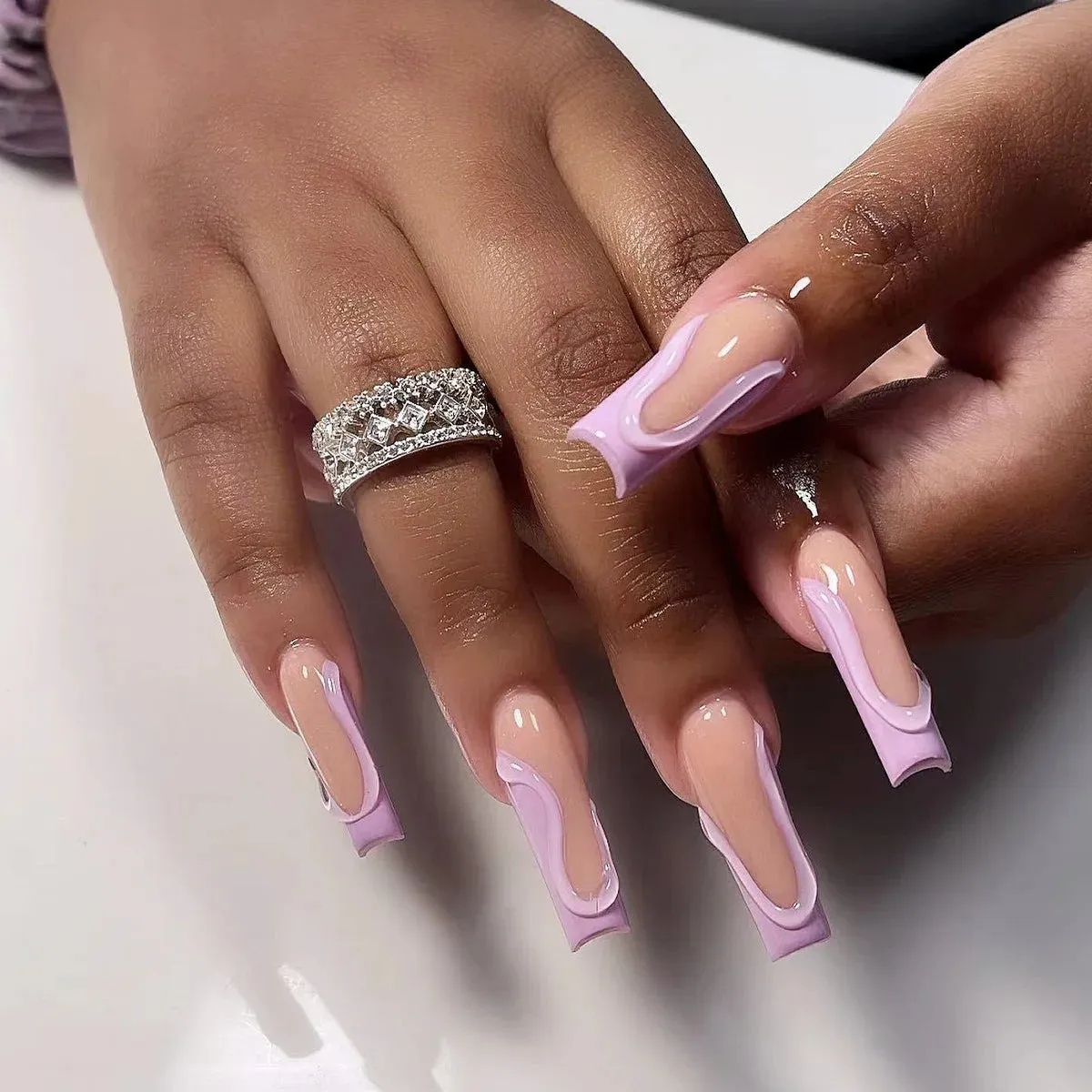 24Pcs Long Coffin False Nails with Glue | Wearable Brown Fake Nails with Rhinestones | Ballet Press on Nails Full Cover Nail Tips | Lady Glams