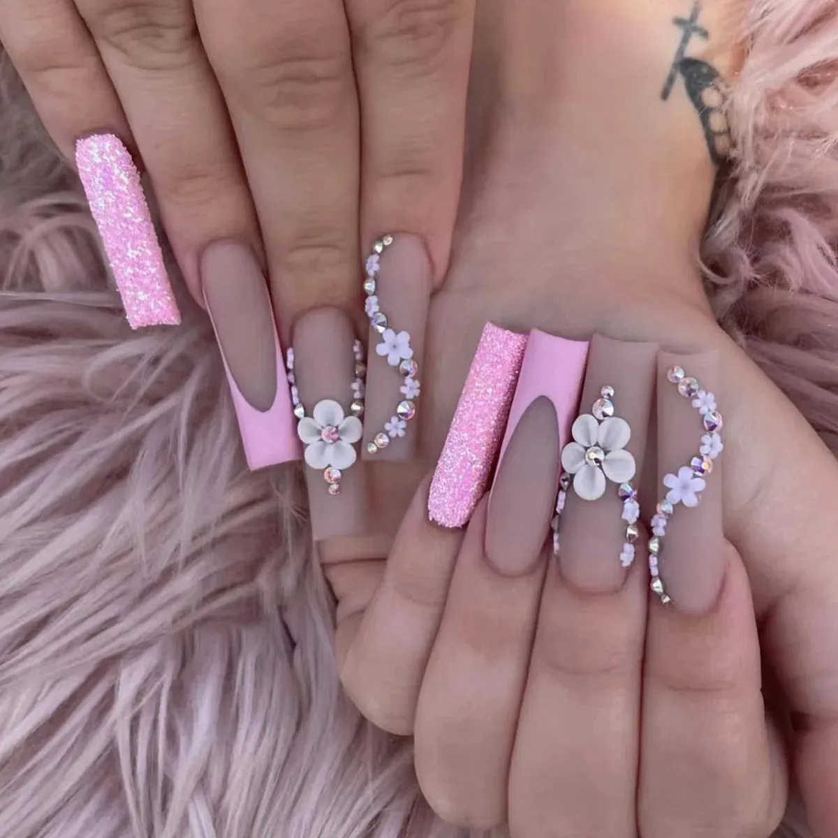 24Pcs Long Coffin False Nails with Glue | Wearable Brown Fake Nails with Rhinestones | Ballet Press on Nails Full Cover Nail Tips | Lady Glams