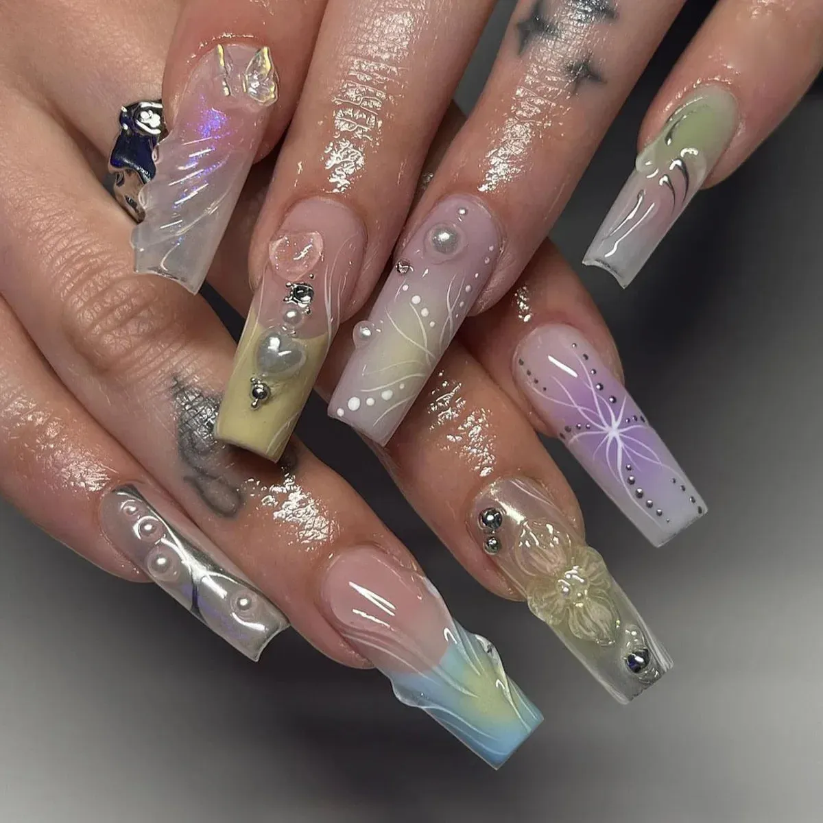 24Pcs Long Coffin False Nails with Glue | Wearable Brown Fake Nails with Rhinestones | Ballet Press on Nails Full Cover Nail Tips | Lady Glams