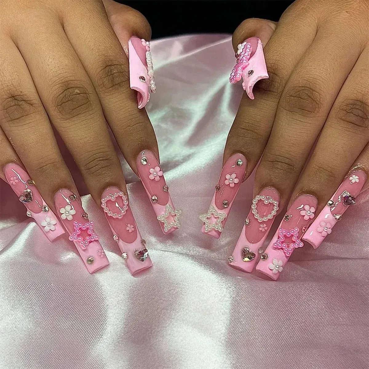 24Pcs Long Coffin False Nails with Glue | Wearable Brown Fake Nails with Rhinestones | Ballet Press on Nails Full Cover Nail Tips | Lady Glams