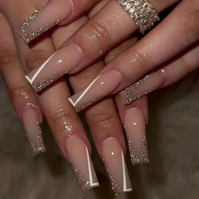 24Pcs Long Coffin False Nails with Glue | Wearable Brown Fake Nails with Rhinestones | Ballet Press on Nails Full Cover Nail Tips | Lady Glams