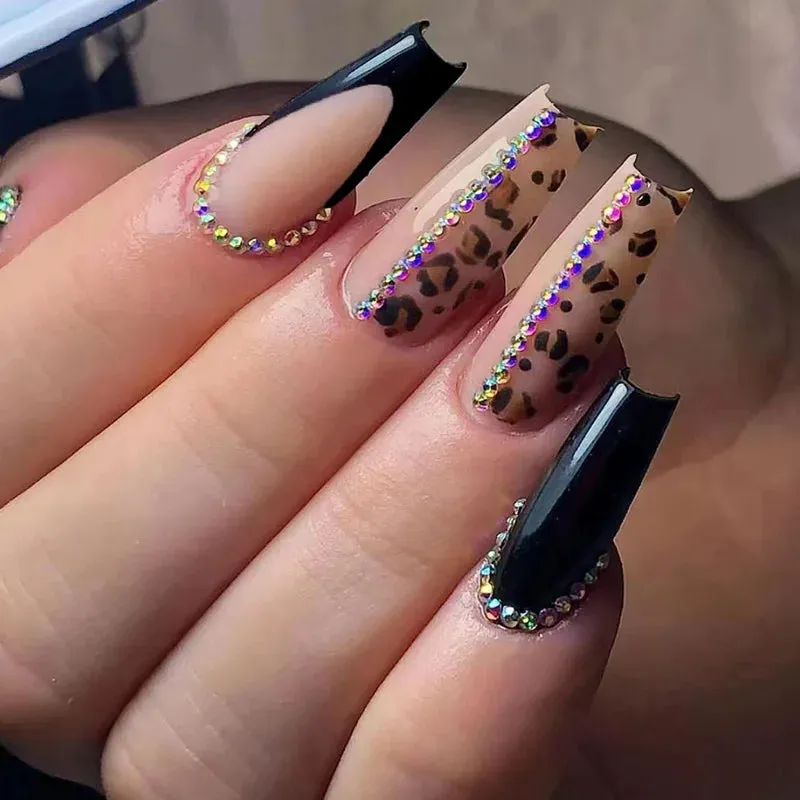 24Pcs Long Coffin False Nails with Glue | Wearable Brown Fake Nails with Rhinestones | Ballet Press on Nails Full Cover Nail Tips | Lady Glams