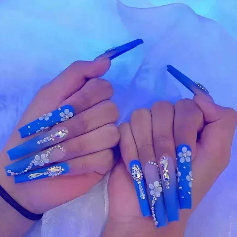24Pcs Long Coffin False Nails with Glue | Wearable Brown Fake Nails with Rhinestones | Ballet Press on Nails Full Cover Nail Tips | Lady Glams