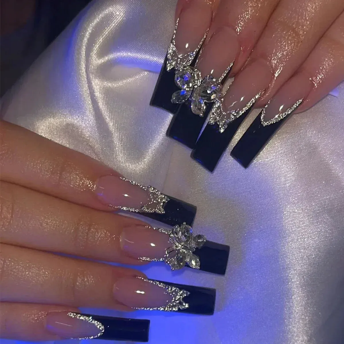 24Pcs Long Coffin False Nails with Glue | Wearable Brown Fake Nails with Rhinestones | Ballet Press on Nails Full Cover Nail Tips | Lady Glams