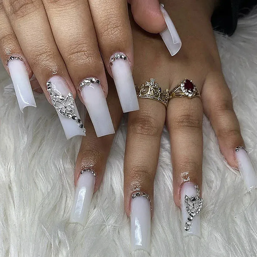 24Pcs Long Coffin False Nails with Glue | Wearable Brown Fake Nails with Rhinestones | Ballet Press on Nails Full Cover Nail Tips | Lady Glams