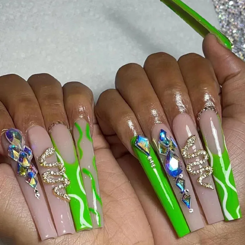 24Pcs Long Coffin False Nails with Glue | Wearable Brown Fake Nails with Rhinestones | Ballet Press on Nails Full Cover Nail Tips | Lady Glams