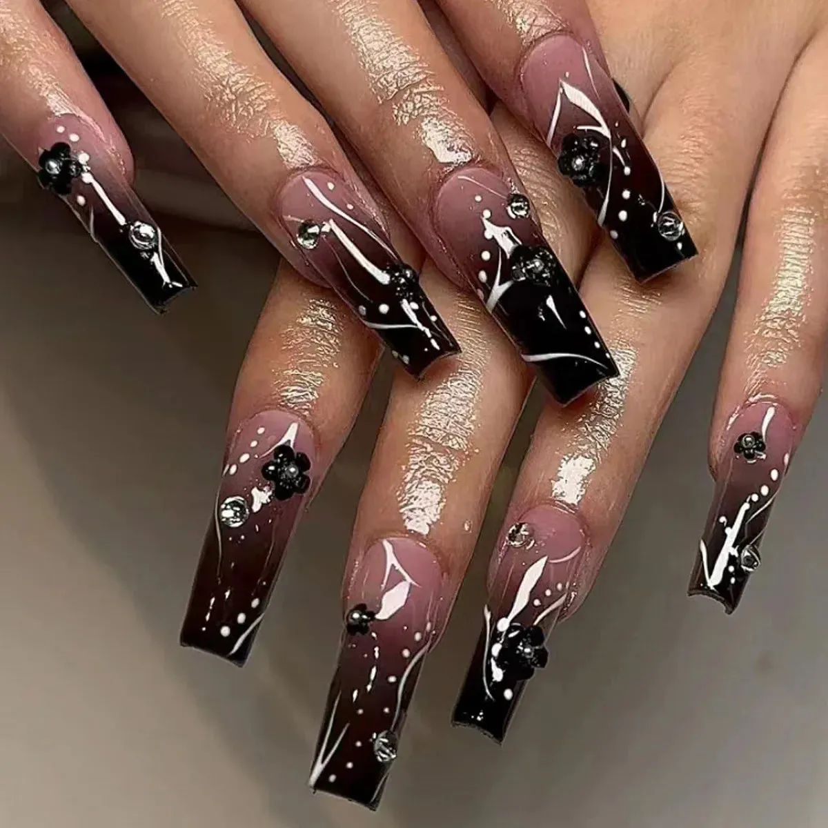 24Pcs Long Coffin False Nails with Glue | Wearable Brown Fake Nails with Rhinestones | Ballet Press on Nails Full Cover Nail Tips | Lady Glams