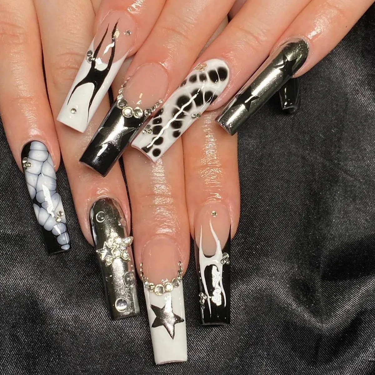 24Pcs Long Coffin False Nails with Glue | Wearable Brown Fake Nails with Rhinestones | Ballet Press on Nails Full Cover Nail Tips | Lady Glams