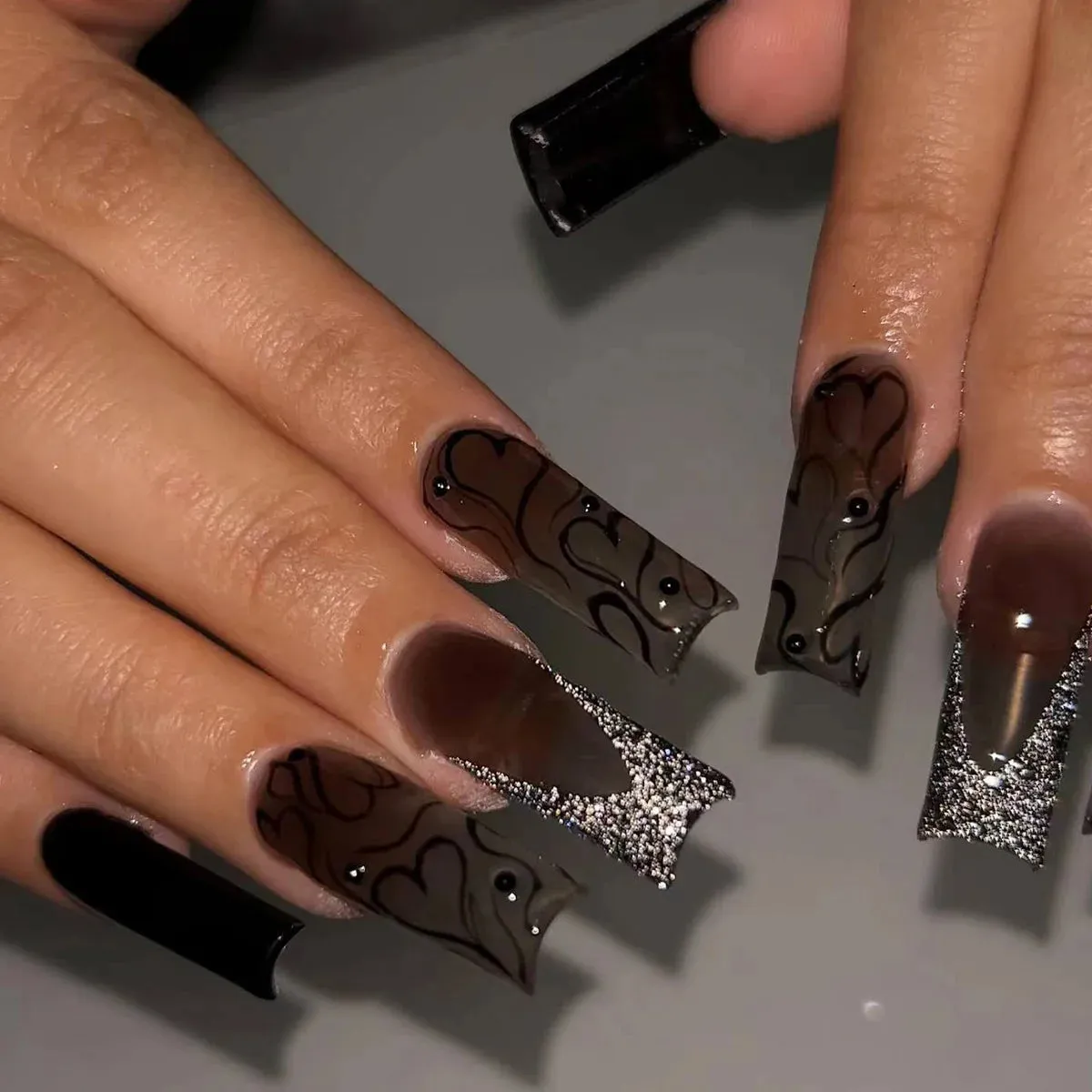 24Pcs Long Coffin False Nails with Glue | Wearable Brown Fake Nails with Rhinestones | Ballet Press on Nails Full Cover Nail Tips | Lady Glams