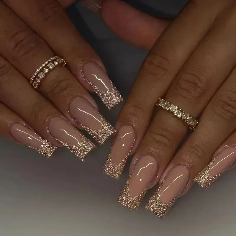 24Pcs Long Coffin False Nails with Glue | Wearable Brown Fake Nails with Rhinestones | Ballet Press on Nails Full Cover Nail Tips | Lady Glams
