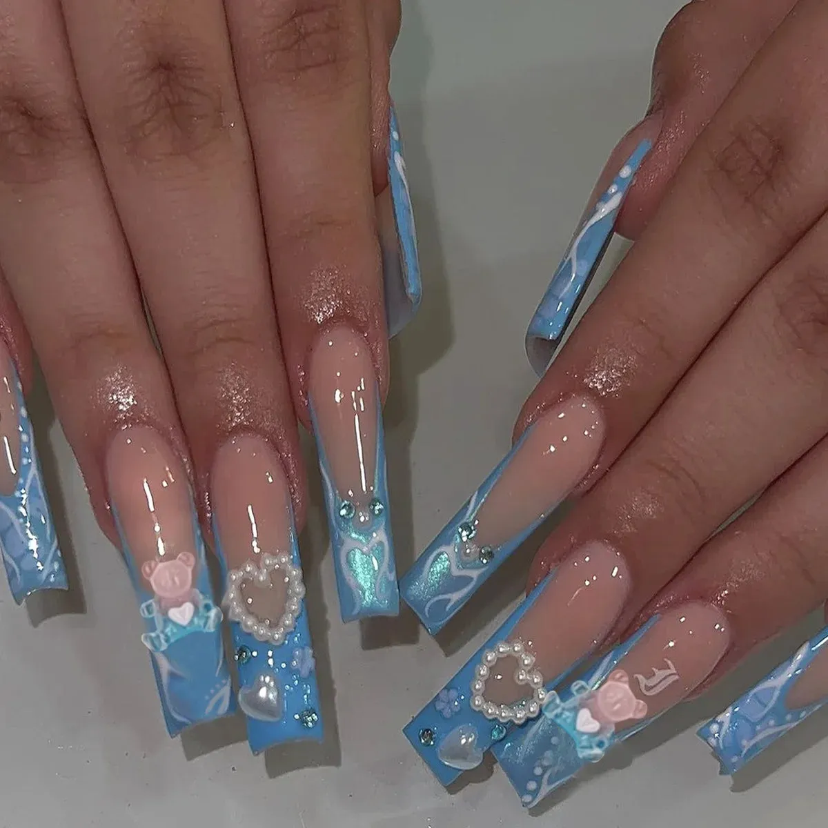 24Pcs Long Coffin False Nails with Glue | Wearable Brown Fake Nails with Rhinestones | Ballet Press on Nails Full Cover Nail Tips | Lady Glams