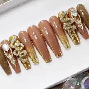 24Pcs Long Coffin False Nails with Glue | Wearable Brown Fake Nails with Rhinestones | Ballet Press on Nails Full Cover Nail Tips | Lady Glams